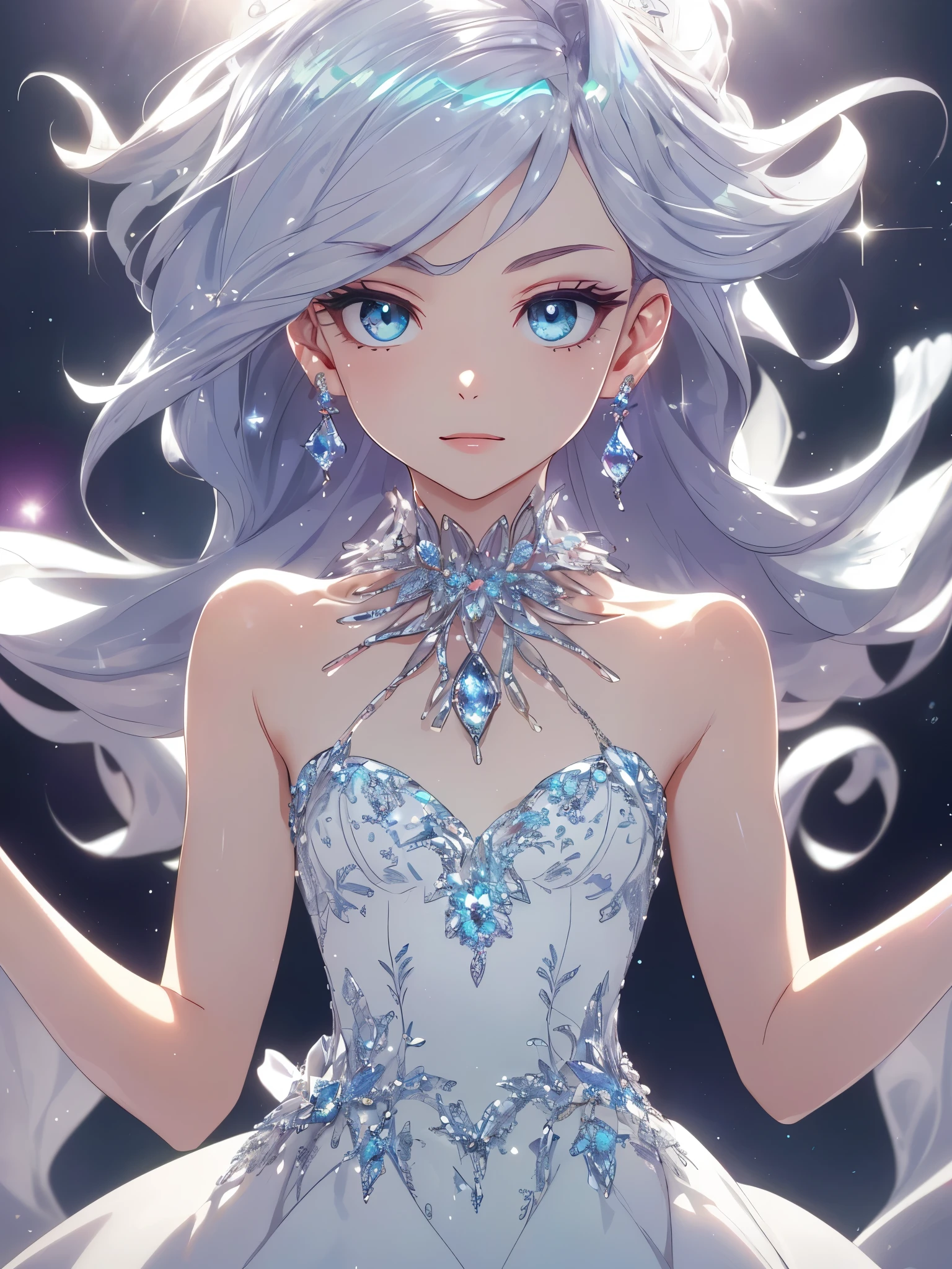 masterpiece, highest quality, figure, alexandrite eyes and hair, platinum earrings, Platinum Necklace, white dress, The Little Mermaid, cute, (dynamic lighting:1.2), cinematic lighting, delicate features, fine eyes, sharp pupils, realistic student, Depth of bounds written, Bokeh, sharp focus, (very detailed, bloom, shine:1.4), Many Small Gems