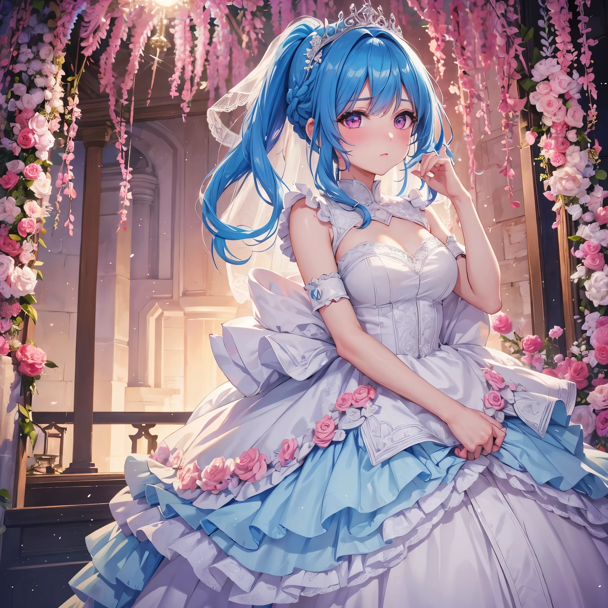 sky Blue hair, (braided ponytail),(pink eyes),fair skin ,(full body),(1 girl),bride,blush,Straight Bangs, June Bride,Wedding dress,(masterpiece, best quality, ultra-detailed, best shadow), (detailed background), (beautiful detailed face), high contrast, (best illumination, an extremely delicate and beautiful), ((cinematic light)), colorful, hyper detail, dramatic light, intricate details,Wedding hall,