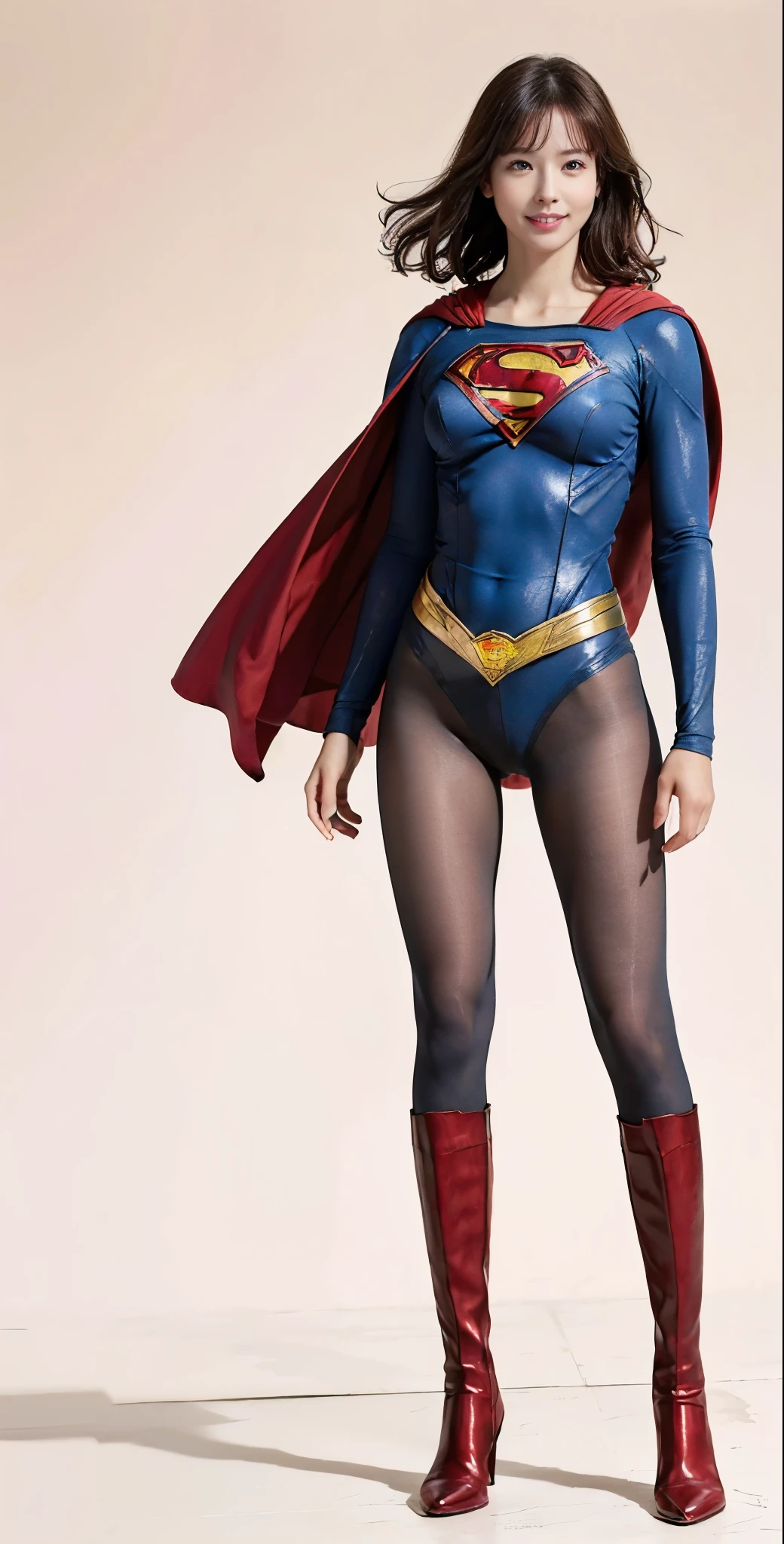 No background、(((Beautiful legs in black tights.)))、(((Legally express the beauty of your smile)))、((((Make the most of your original images)))、(((Supergirl Costume)))、(((Beautiful very short hair)))、(((suffering)))、(((Please wear black tights....、Wear red boots)))、((Best image quality、8K))、((Highest quality、8K、masterpiece:1.3))、(((Preserve background )))、Sharp focus:1.2、Beautiful woman with perfect figure:1.4、Slim Abs:1.2、Wet body:1.5、Highly detailed face and skin texture、8K