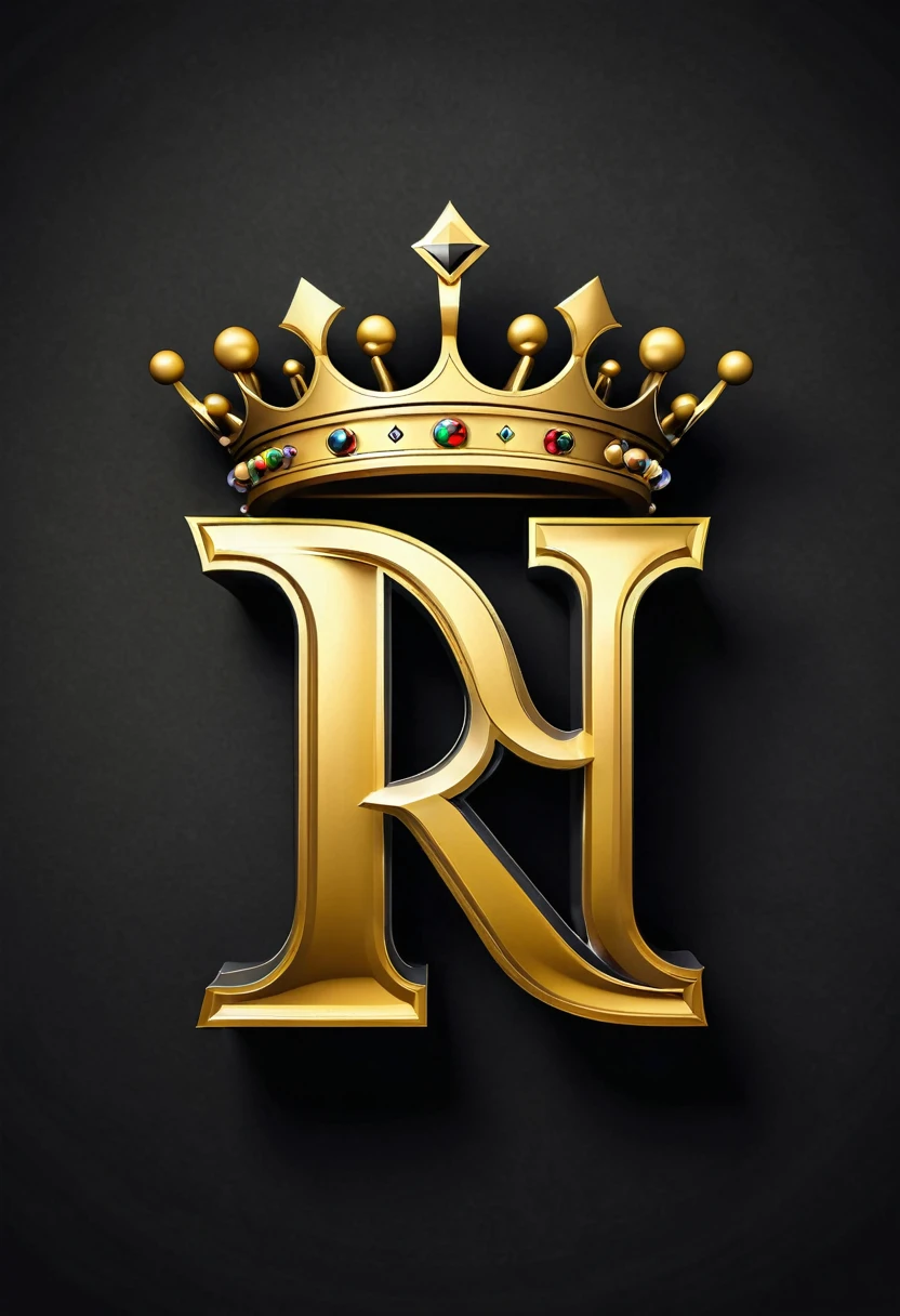 Create a logo with the letters "R" (With a crown above the letters), WITH the colors black and gold, 3d, With bright letters and a dark background.