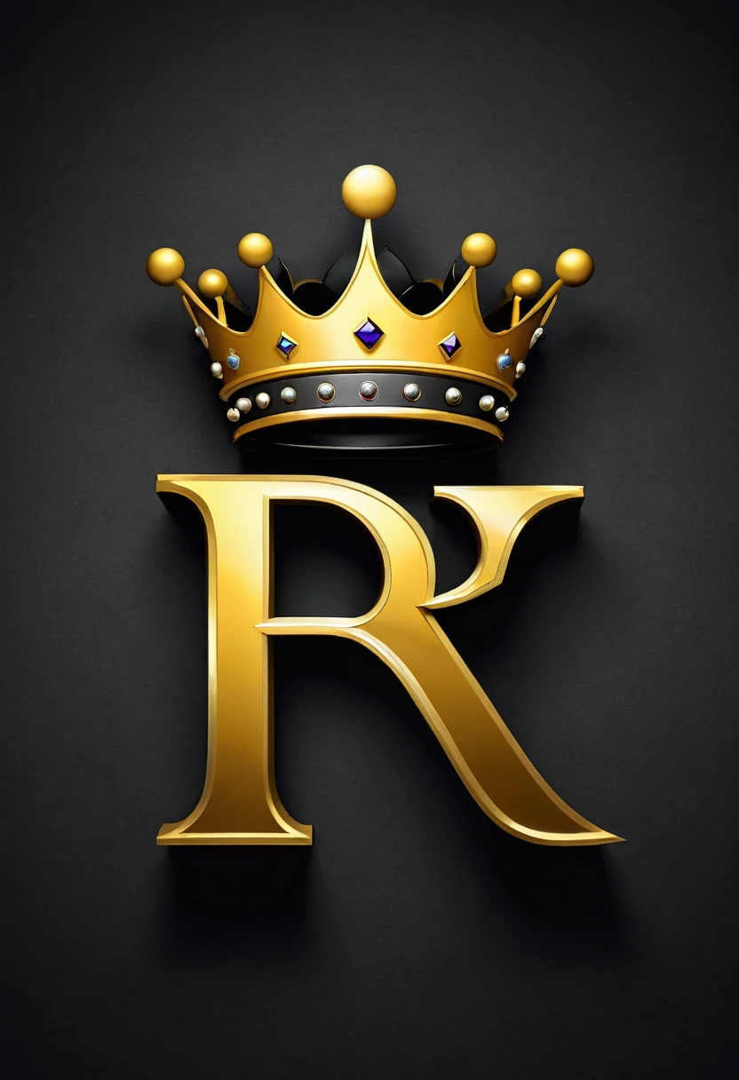 Create a logo with the letters "R" (With a crown above the letters), WITH the colors black and gold, 3d, With bright letters and a dark background.