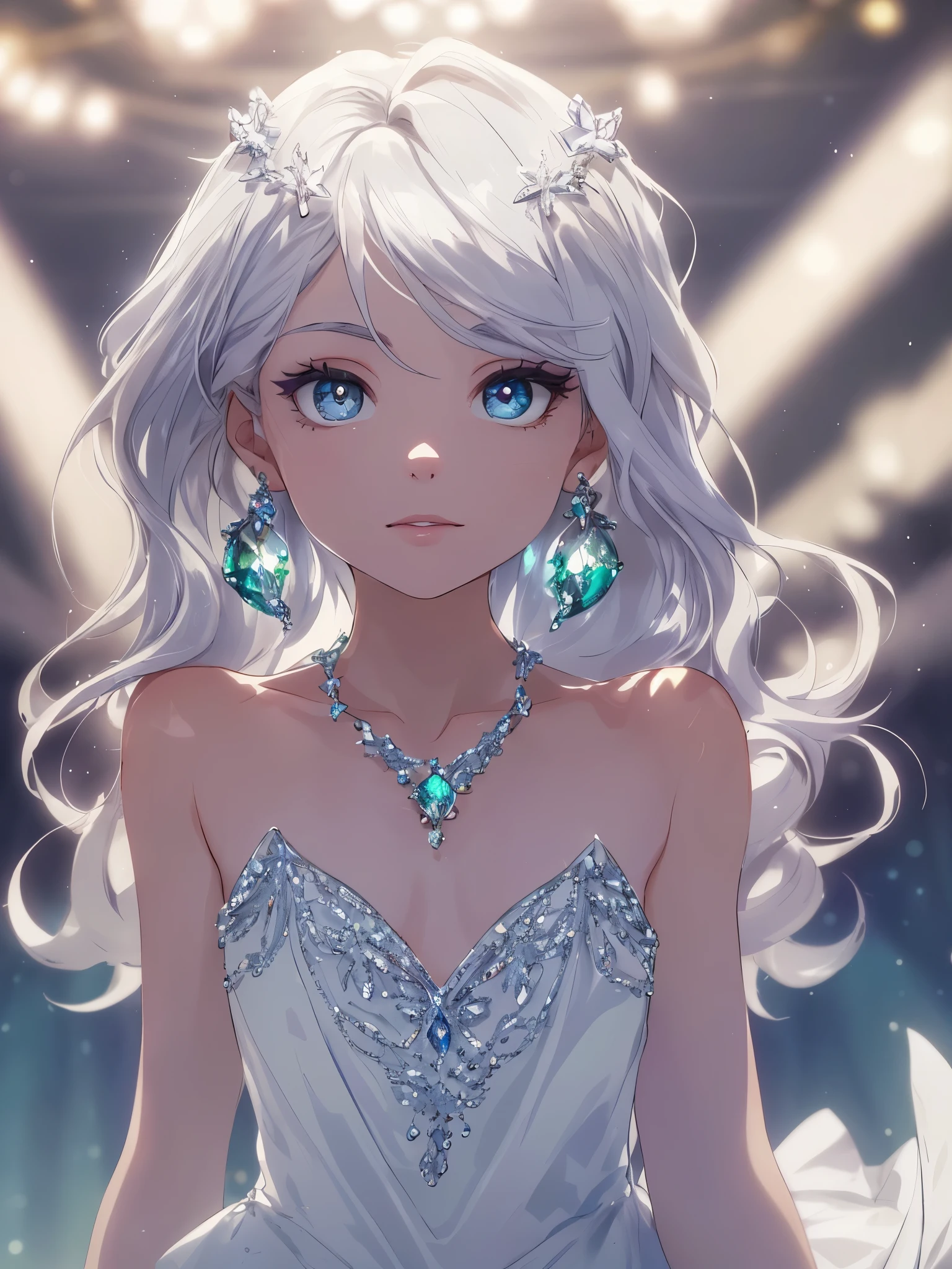 masterpiece, highest quality, figure, alexandrite eyes and hair, platinum earrings, Platinum Necklace, white dress, The Little Mermaid, cute, (dynamic lighting:1.2), cinematic lighting, delicate features, fine eyes, sharp pupils, realistic student, Depth of bounds written, Bokeh, sharp focus, (very detailed, bloom, shine:1.4), Many Small Gems