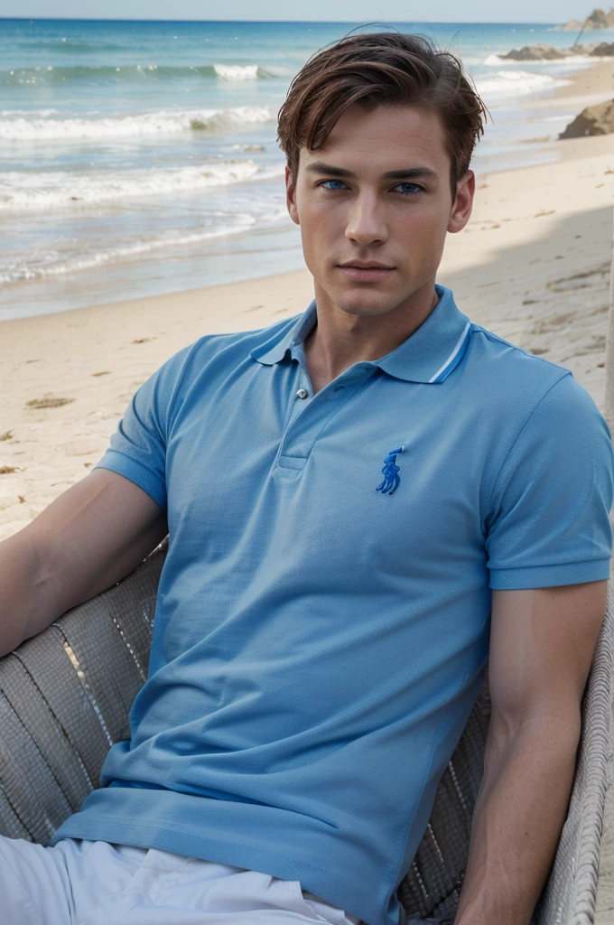 ((best quality)), ((masterpiece)), (detailed), A handsome man named William Duke, with a chiseled jawline, piercing blue eyes, short brown hair, and an athletic build wearing a t-shirt polo Ralph Lauren Relaxing on the beach