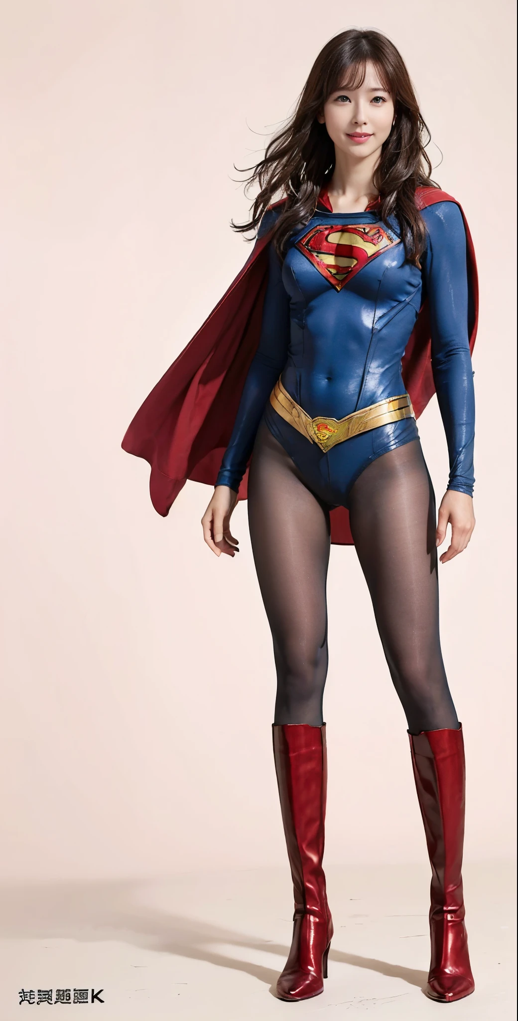 No background、(((Beautiful legs in black tights.)))、(((Legally express the beauty of your smile)))、((((Make the most of your original images)))、(((Supergirl Costume)))、(((Beautiful very short hair)))、(((suffering)))、(((Please wear black tights....、Wear red boots)))、((Best image quality、8K))、((Highest quality、8K、masterpiece:1.3))、(((Preserve background )))、Sharp focus:1.2、Beautiful woman with perfect figure:1.4、Slim Abs:1.2、Wet body:1.5、Highly detailed face and skin texture、8K