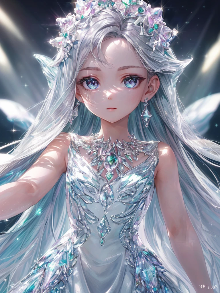 masterpiece, highest quality, figure, alexandrite eyes and hair, platinum earrings, Platinum Necklace, white dress, The Little Mermaid, cute, (dynamic lighting:1.2), cinematic lighting, delicate features, fine eyes, sharp pupils, realistic student, Depth of bounds written, Bokeh, sharp focus, (very detailed, bloom, shine:1.4), Many Small Gems