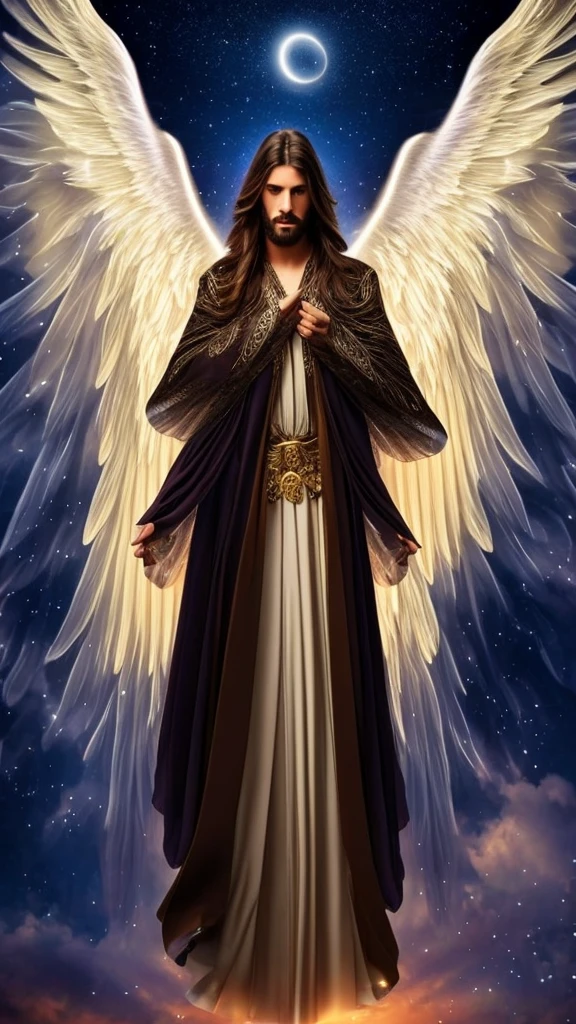 Male angel with long hair, big wings, aura, flowing clothes, mystical, divine, dark sky, light focusing on the angel