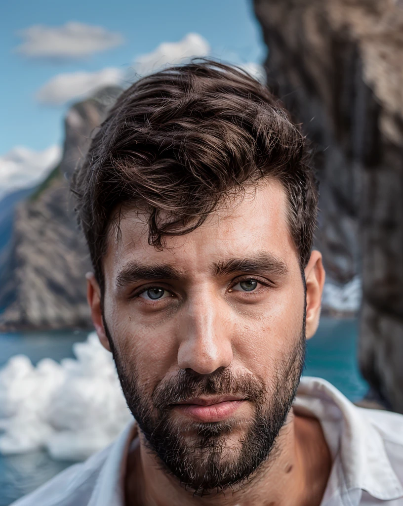 breathtaking selfie (Fares Fares) on a cliff, Fjords in background, award winning, professional, studio light, natural lighting, 4k uhd, dslr, soft lighting, high quality, Fujifilm XT3