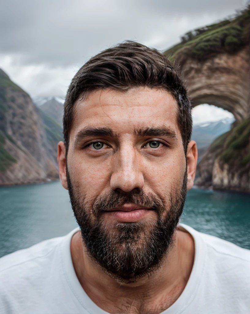 breathtaking selfie (Fares Fares) on a cliff, Fjords in background, award winning, professional, studio light, natural lighting, 4k uhd, dslr, soft lighting, high quality, Fujifilm XT3