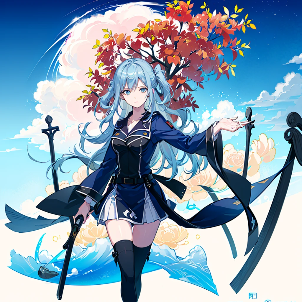 1girl,  solo, outdoors, long hair, holy place, Original,(Illustration:1.1),(Best Quality),(masutepiece:1.1),(the Extremely Detailed CG Unity 8K Wallpapers:1.1), (Colorful:0.9),(mid-shot:0.95),(extremely detailed beautiful face),(Solo:1.2), (girl),(((Lori))), (Detailed beautiful eyes:1.15), (Beautiful face:1.15), (Glowing blue eyes:1.25////),(((sky blue Long Hair))),(two side up),(+perfect hand+:1.21),(Draw illustration of Japan priestess costume),(slender),(White pleated skirt),(Gothic),((black thighhighs)),(frilld),(Beautiful Slender Lolita Girl),sky blue hair,((full body,whole body)),((cathedral background)),(holy cathedral),((full body,whole body)),((full body,whole body)),((full body,whole body)),