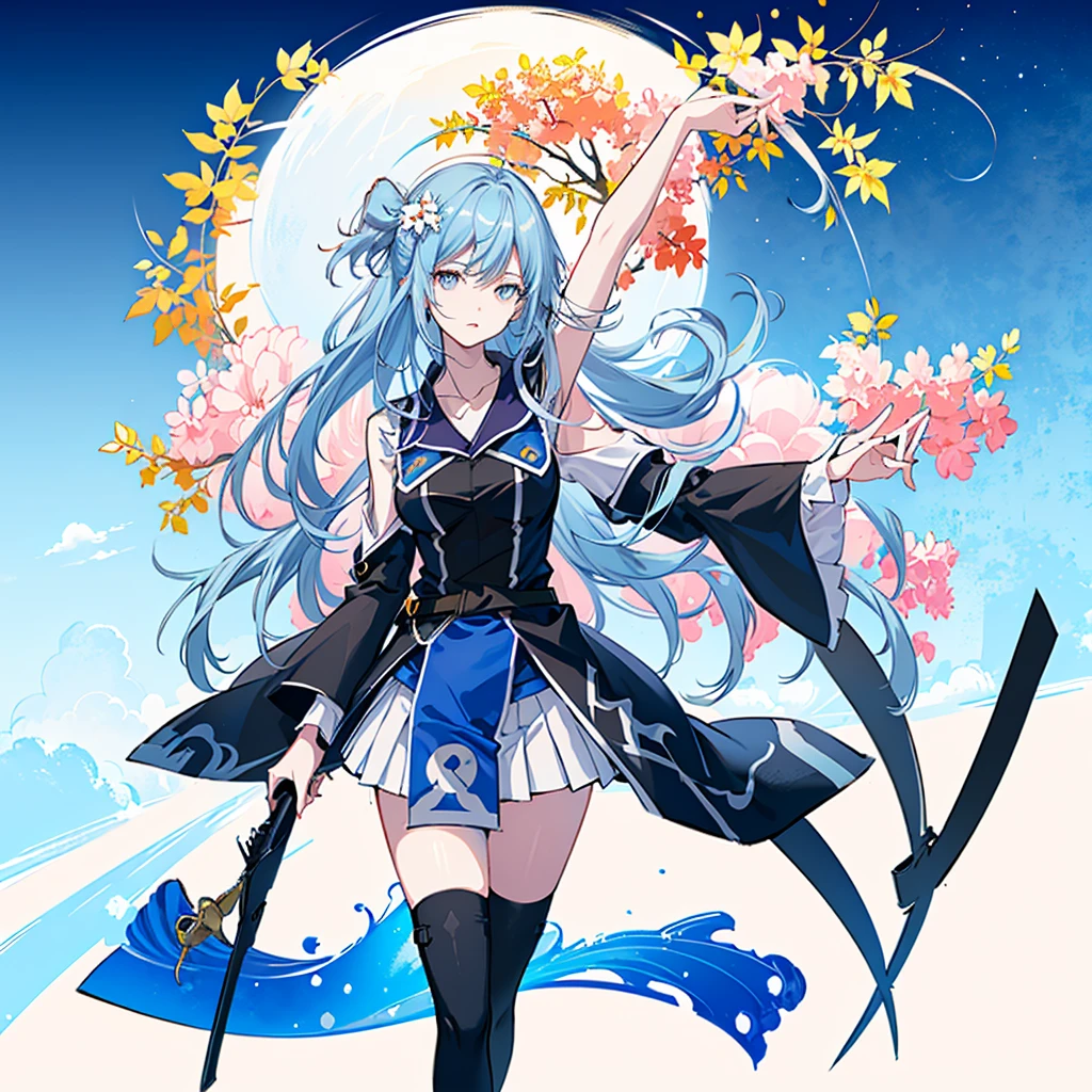 1girl, solo, outdoors, long hair, holy place, Original,(Illustration:1.1),(Best Quality),(masutepiece:1.1),(the Extremely Detailed CG Unity 8K Wallpapers:1.1), (Colorful:0.9),(mid-shot:0.95),(extremely detailed beautiful face),(Solo:1.2), (girl),(((Lori))), (Detailed beautiful eyes:1.15), (Beautiful face:1.15), (Glowing blue eyes:1.25////),(((sky blue Long Hair))),(two side up),(+perfect hand+:1.21),(Draw illustration of Japan priestess costume),(slender),(White pleated skirt),(Gothic),((black thighhighs)),(frilld),(Beautiful Slender Lolita Girl),sky blue hair,((full body,whole body)),((cathedral background)),(holy cathedral),((full body,whole body)),((full body,whole body)),((full body,whole body)),