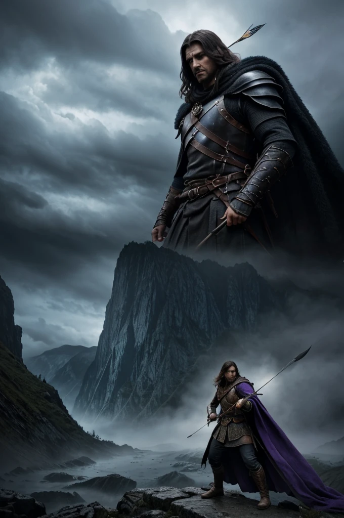 Warriors × 10 headed human, Art in the Forest at Art Station, Dungeons,, Both have bow and arrow, D&D, Lord of the Ring, Firing, Conan, Dark Souls, Hazy background, Realistic epic, Rutkowski, High resolution, Intricate details, Ultra-detailed, Cinematic, Rim Light, Calm colors: 1.2, Dark fantasy, Dark Sky, Dark mountains in the background々I can see, Dark atmosphere, fear,  Horror, impressive, Dark and stormy sky in shades of blue and purple,Sharp focus,
