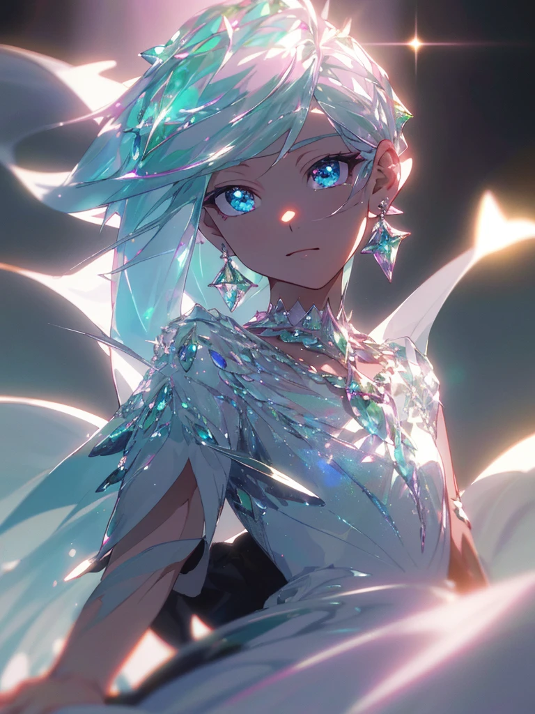 masterpiece, highest quality, figure, alexandrite eyes and hair, platinum earrings, Platinum Necklace, white dress, The Little Mermaid, cute, (dynamic lighting:1.2), cinematic lighting, delicate features, fine eyes, sharp pupils, realistic student, Depth of bounds written, Bokeh, sharp focus, (very detailed, bloom, shine:1.4), Many Small Gems