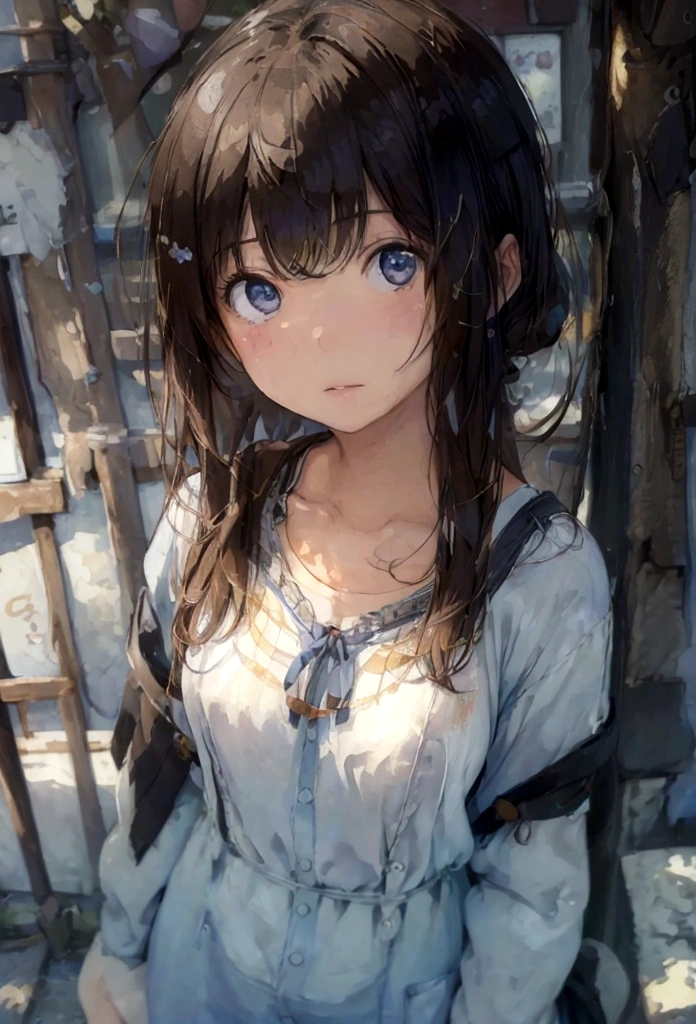 (), big ,(masterpiece), Highest quality, Very detailed, (watercolor), bloom, Delicate and beautiful, figure, (From below),(One girl:1.4), (alone:1.2), Large Breasts,  , ((Dark Skin:0.8)), Beautiful Eyes, (Disheveled Hair ), photograph, Over the shoulder shot, Alex Maleev, Professional, Canon Camera, Nikon Camera, sharp, Bokeh, Studio Quality, Fisheye Lens, Robert Capa ,Standing naked