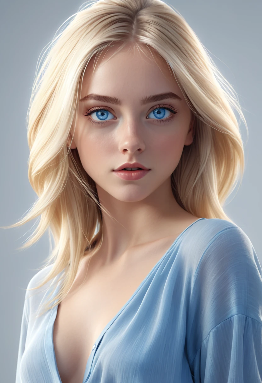 Animated realistic digital illustration of blonde girl mesmerizing blue eyes straight hair loose and standing on her back 