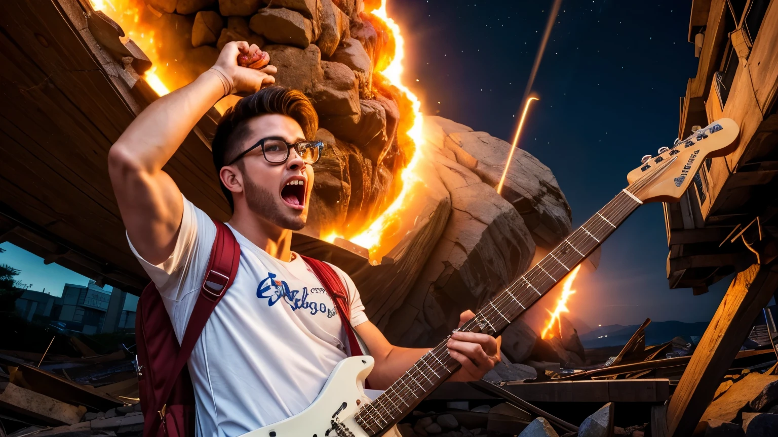 ((Highest quality)), ((masterpiece)), (detailed),((male))、((Are fat))、Glasses、Glassesに指を添えている、White T-shirt、Plaid trousers、rucksack、A rolled up poster is sticking out of the backpack.、end of the century、ruins、Glassesが光っている、storm、Pile of rubble、Face is gloomy、Japan Geek、night、Overall dark、devil、thunder、lava、Screaming、((Holding a doll in a cute dress))、Wave your hand up、((Angry))、(((Playing electric guitar)))、Shouting、
