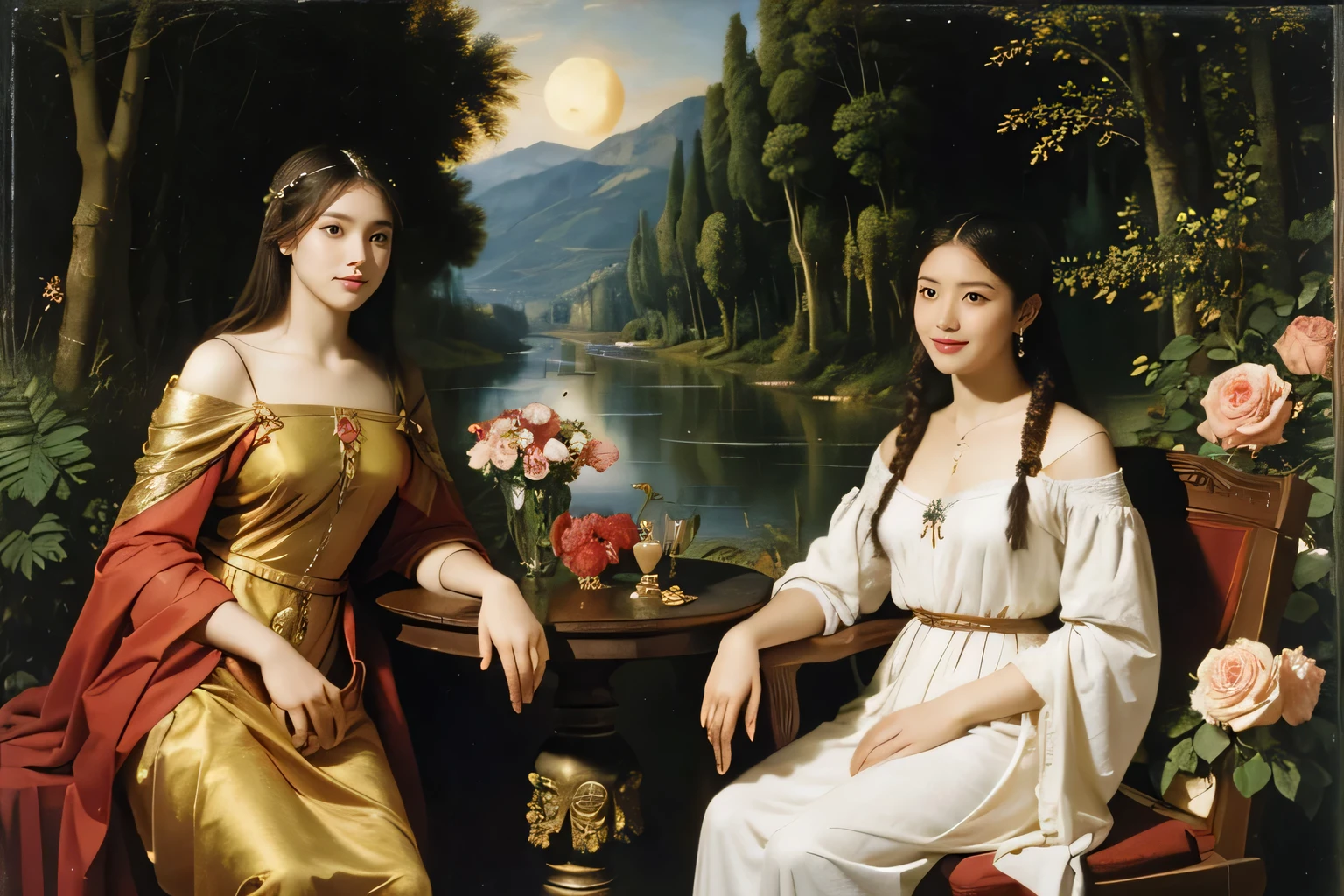 Giorgione painting style,Arguments of two female Philosophe,math、astronomical machine、astronaut、roses in vase、fruits、Cute trinkets、smile、ancient greek costume、Background is a forest lake at night 、Clothes that stretch your shoulders、A big smile
