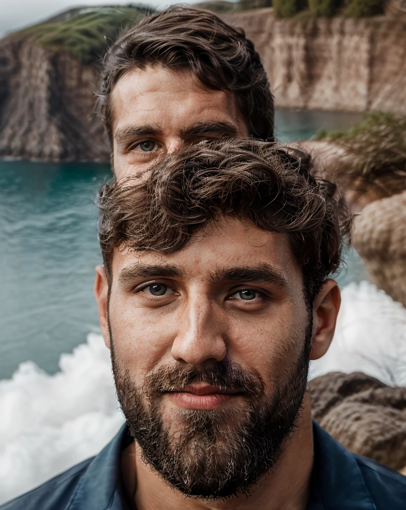 breathtaking selfie (Fares Fares) on a cliff, Fjords in background, award winning, professional, studio light, natural lighting, 4k uhd, dslr, soft lighting, high quality, Fujifilm XT3