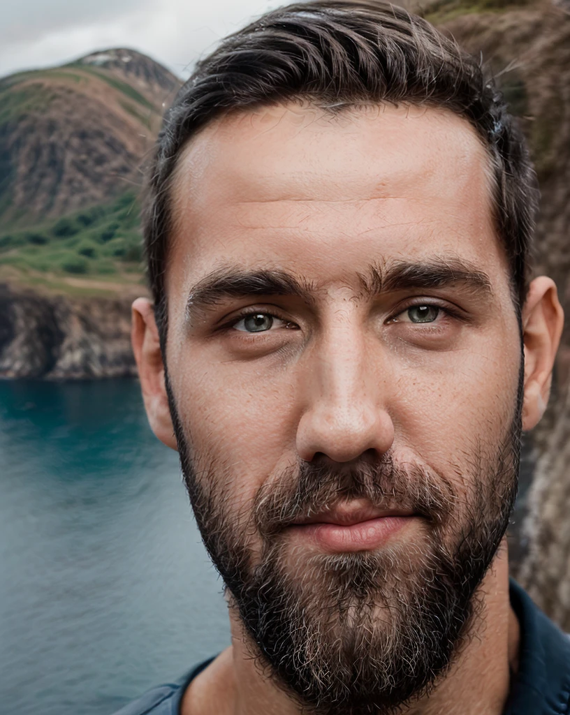 breathtaking selfie (Fares Fares) on a cliff, Fjords in background, award winning, professional, studio light, natural lighting, 4k uhd, dslr, soft lighting, high quality, Fujifilm XT3