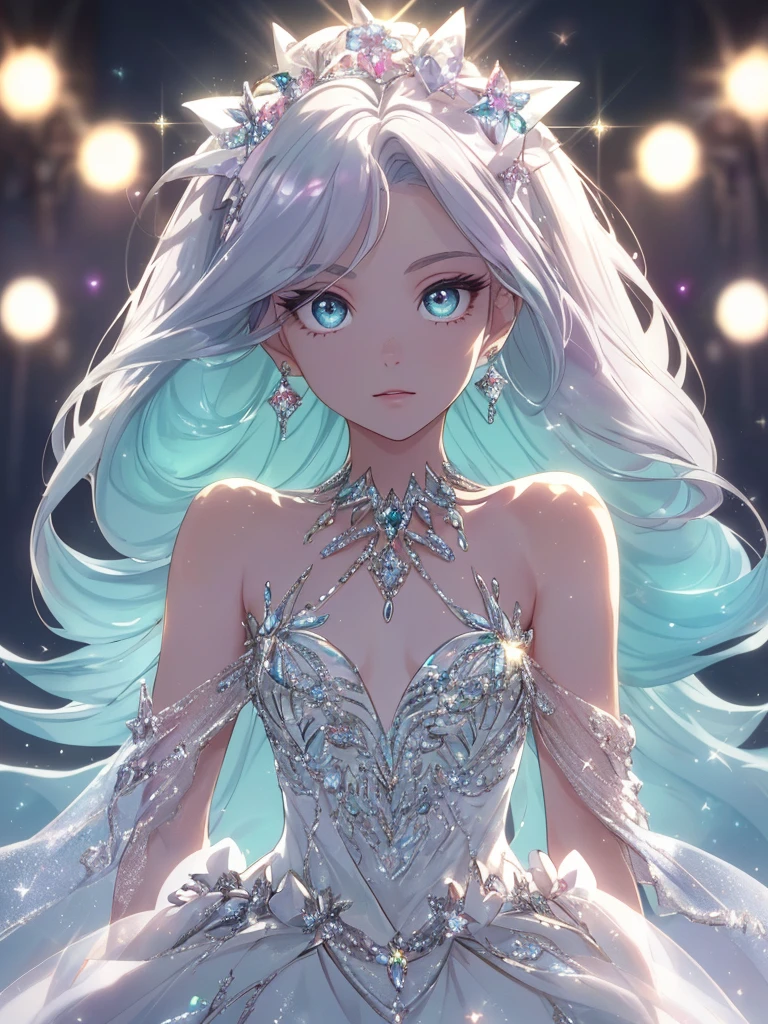masterpiece, highest quality, figure, alexandrite eyes and hair, platinum earrings, Platinum Necklace, white dress, The Little Mermaid, cute, (dynamic lighting:1.2), cinematic lighting, delicate features, fine eyes, sharp pupils, realistic student, Depth of bounds written, Bokeh, sharp focus, (very detailed, bloom, shine:1.4), Many Small Gems