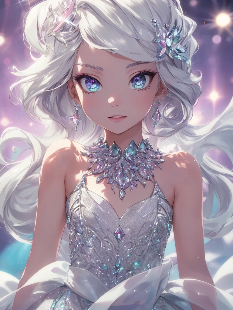 masterpiece, highest quality, figure, alexandrite eyes and hair, platinum earrings, Platinum Necklace, white dress, The Little Mermaid, cute, (dynamic lighting:1.2), cinematic lighting, delicate features, fine eyes, sharp pupils, realistic student, Depth of bounds written, Bokeh, sharp focus, (very detailed, bloom, shine:1.4), Many Small Gems
