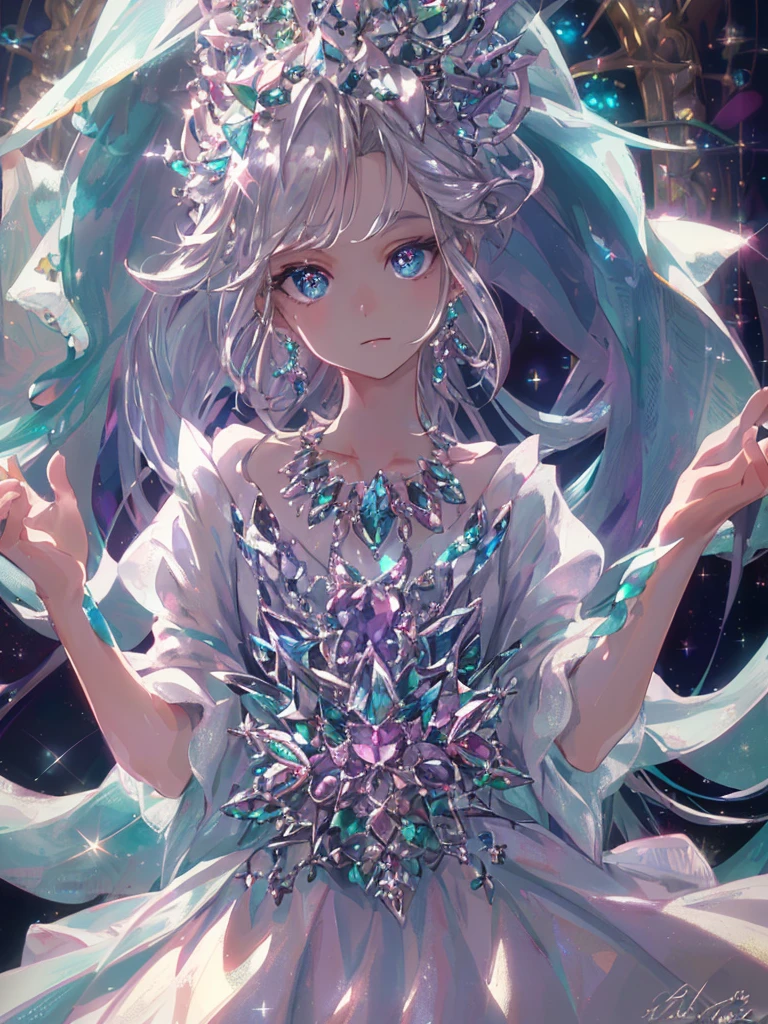 masterpiece, highest quality, figure, alexandrite eyes and hair, platinum earrings, Platinum Necklace, white dress, The Little Mermaid, cute, (dynamic lighting:1.2), cinematic lighting, delicate features, fine eyes, sharp pupils, realistic student, Depth of bounds written, Bokeh, sharp focus, (very detailed, bloom, shine:1.4), Many Small Gems