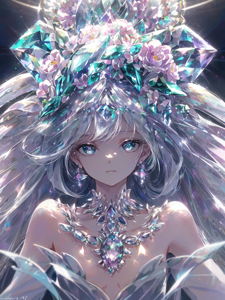 masterpiece, highest quality, figure, alexandrite eyes and hair, platinum earrings, Platinum Necklace, white dress, The Little Mermaid, cute, (dynamic lighting:1.2), cinematic lighting, delicate features, fine eyes, sharp pupils, realistic student, Depth of bounds written, Bokeh, sharp focus, (very detailed, bloom, shine:1.4), Many Small Gems