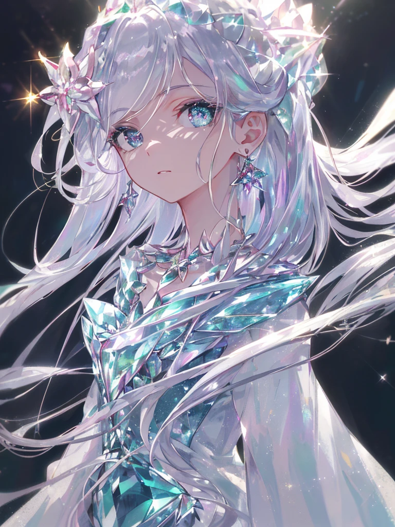 masterpiece, highest quality, figure, alexandrite eyes and hair, platinum earrings, Platinum Necklace, white dress, The Little Mermaid, cute, (dynamic lighting:1.2), cinematic lighting, delicate features, fine eyes, sharp pupils, realistic student, Depth of bounds written, Bokeh, sharp focus, (very detailed, bloom, shine:1.4), Many Small Gems