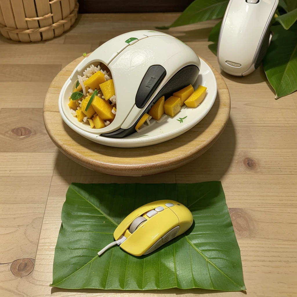 Computer mouse designed with a Thai food screen design, namely mango sticky rice, highlighted in yellow., white,and green, the mouse lay on the green banana leaf floor