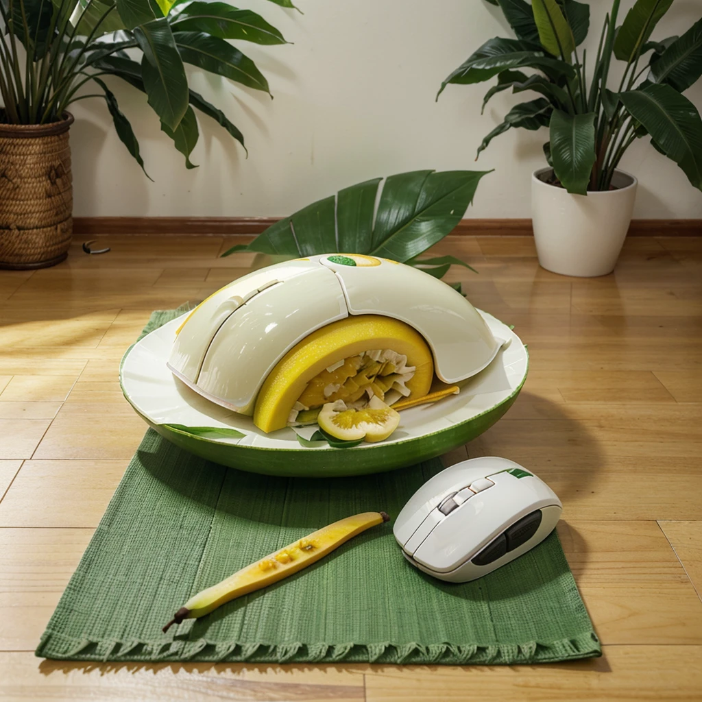 Computer mouse designed with a Thai food screen design, namely mango sticky rice, highlighted in yellow., white,and green, the mouse lay on the green banana leaf floor