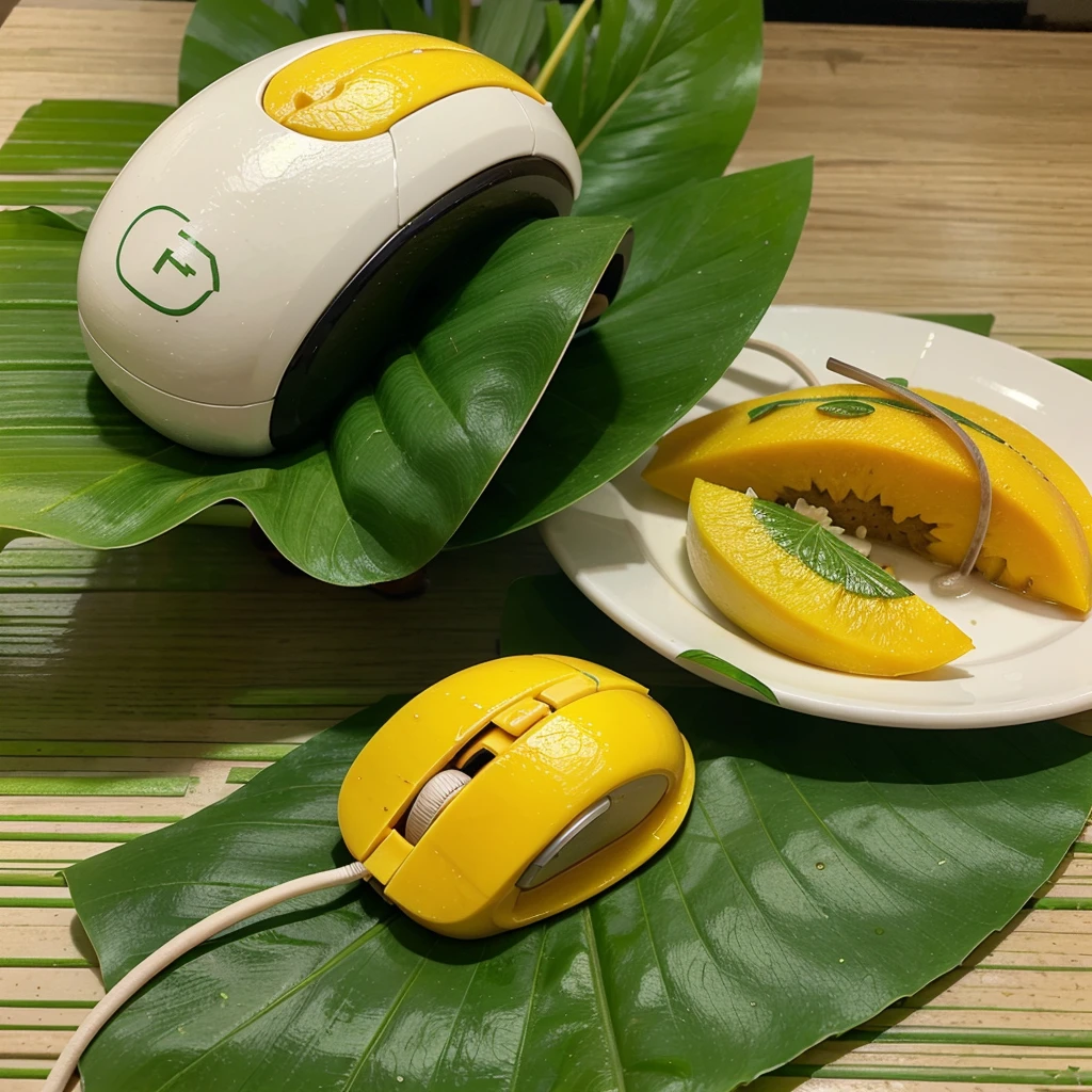 Computer mouse designed with a Thai food screen design, namely mango sticky rice, highlighted in yellow., white,and green, the mouse lay on the green banana leaf floor