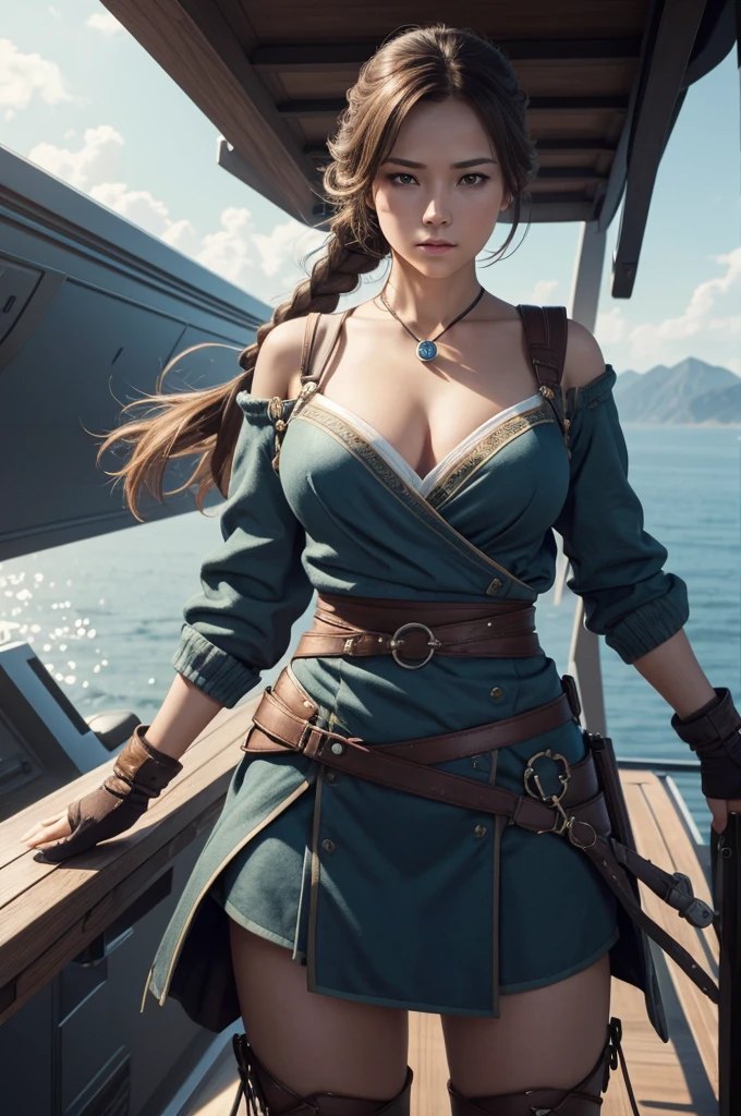 1 girl,on a pirphie ship deck, braid, neckleace, mitts, hphi, waist belt, sexy pirphie outfit, breasts big, far away body hair, gazing_phi_viewer, far away_body hair, standing alone, offcial art, unity wallpaper 8k, ultra detaild, Aesthetics, work of art, best qualityer, photorrealistic, action pose, cinemphiic lighting, 4K,
