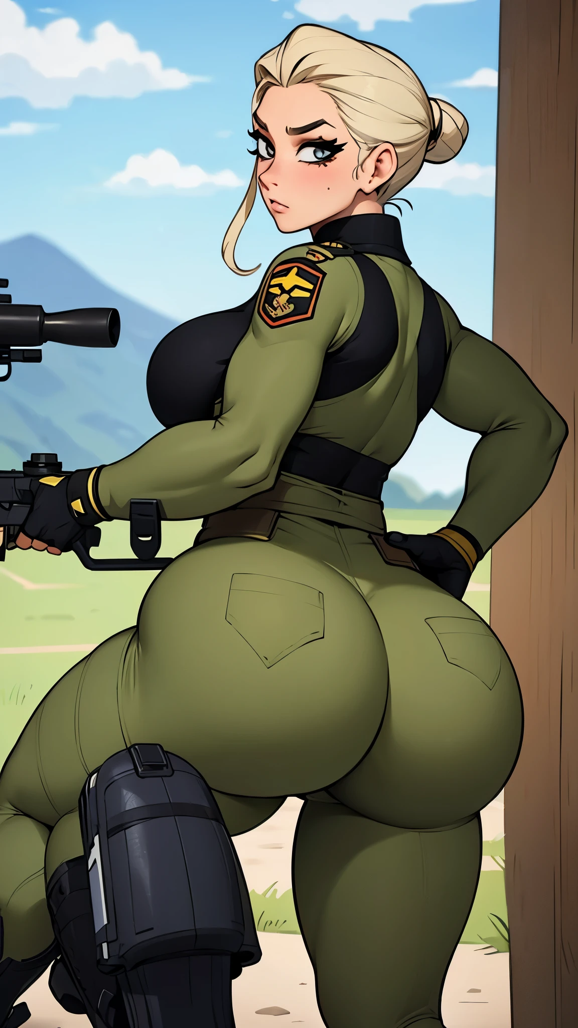 Military woman, curvy, athletic body, juicy ass, ground chest position, aiming with a sniper