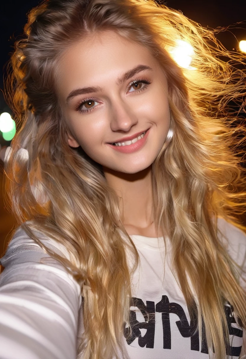 Cute blonde girl 19 years old, (((taking a selfie))), on the street, night, smiling, sexy hairstyle, sexy little blouse, (((hair in the face in the wind)))
