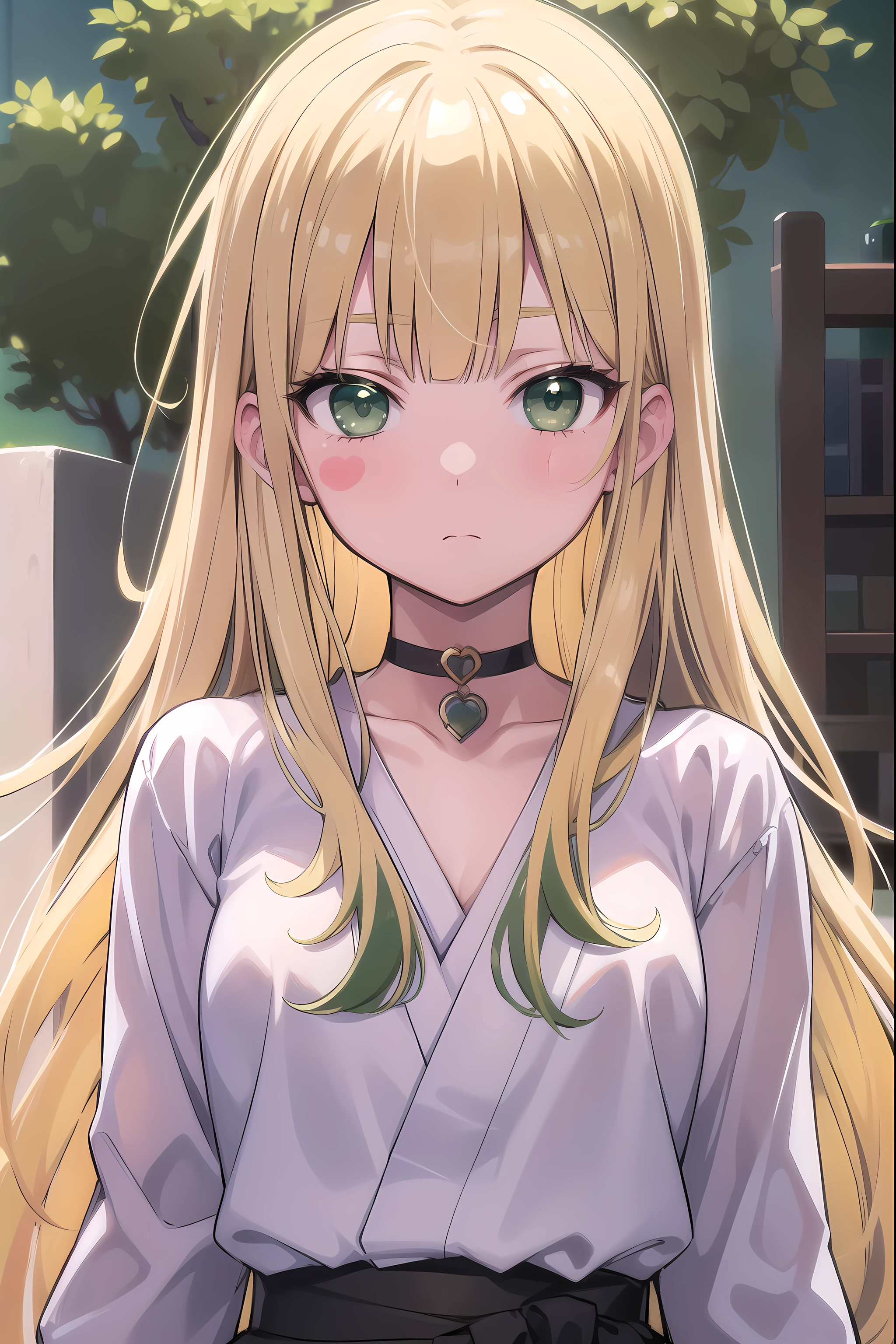Masterpiece, best quality, Colorful characters, Perfect lighting, Blonde Hair, choker,(Green Eyes:1.5), Long Hair, high school student,Japanese ,blush, blush stickers, Have,break looking at viewer,