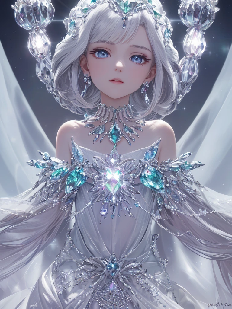 masterpiece, highest quality, figure, alexandrite eyes and hair, platinum earrings, Platinum Necklace, white dress, The Little Mermaid, cute, (dynamic lighting:1.2), cinematic lighting, delicate features, fine eyes, sharp pupils, realistic student, Depth of bounds written, Bokeh, sharp focus, (very detailed, bloom, shine:1.4), Many Small Gems