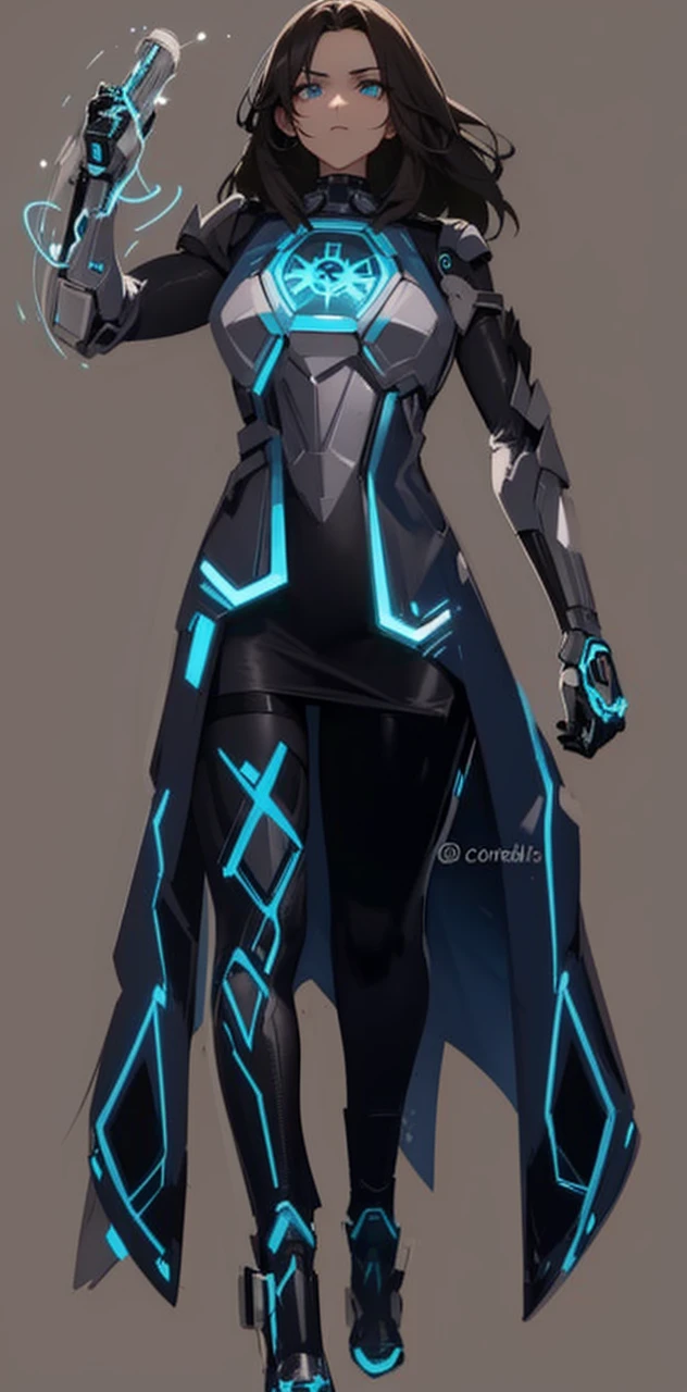The image shows a young woman with long dark hair, dressed in a black futuristic suit and neon blue luminous details. His expression is serious and determined, with eyes looking forward.
### Suit Details:
- **chest**: In the center of the chest is a luminous circular design that appears to be a power source or device., surrounded by a pattern of luminous lines in blue.
- **arms**: Both arms are covered by the suit, with the left arm extended upward and wrapped in lines of light energy. The right arm has a more robust and technological design, with visible mechanical components.
- **legs**: The legs are covered by the tight suit, with luminous blue patterns that run from the hips to the ankles. The patterns have geometric shapes and lines that add an elegant and technological touch.
- **Boots**: The young woman is wearing black boots with metallic and luminous blue details that match the design of the suit..
- **accessories**: The suit has a long cape or skirt that falls from the waist to the floor, adding a dramatic and elegant element to the ensemble.
### expression y POSTURE:
- **expression**: His expression is serious and determined, with a clear focus in his gaze.
- **POSTURE**: She is standing, with a firm and confident posture, with left arm raised and enveloped in light energy, suggesting that he is using or controlling some type of power or advanced technology.
The overall design of the image is futuristic, combining elements of science fiction and high technology with an elegant and powerful style. The luminous details in neon blue and the technological components in his suit and accessories reinforce the idea of a figure prepared for combat or special missions in an advanced and futuristic environment.