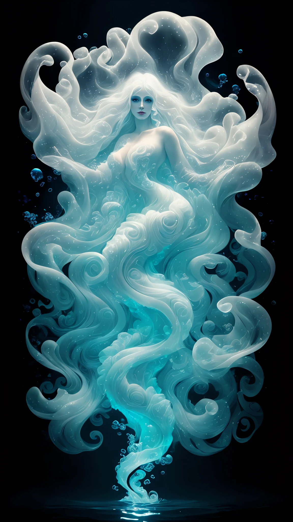 Illustration. Ethereal underwater creature with flowing white hair and translucent skin among swirls of dark water and luminescent bubbles. (((Illustration)))