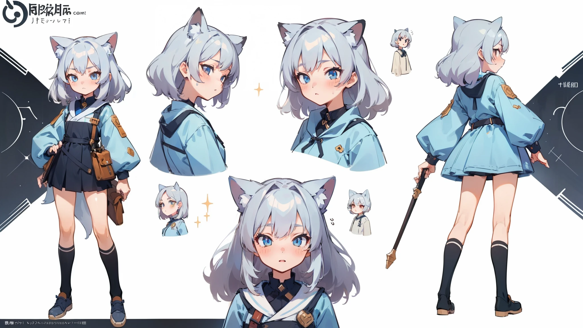 ((masterpiece, Highest quality)), ((tsurime)),Detailed face, Character Sheet, Full Body Lesbian, One girl,show,Full of details, Various poses and expressions, Very detailed, depth, A graceful wild fox girl with mostly silver hair, Sparkling eyes, Delicate skin, 青い髪のYouTuberCharacter Sheet, whole body, sexy