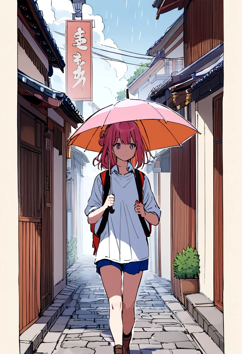 Girl walking through town,Holding an umbrella,Backpack,it's raining,Walking in Kyoto,hot pants,White Shirt,