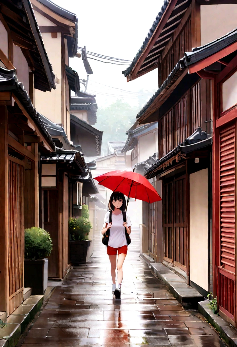 Girl walking through town,Holding an umbrella,Backpack,it's raining,Walking in Kyoto,hot pants,White Shirt,