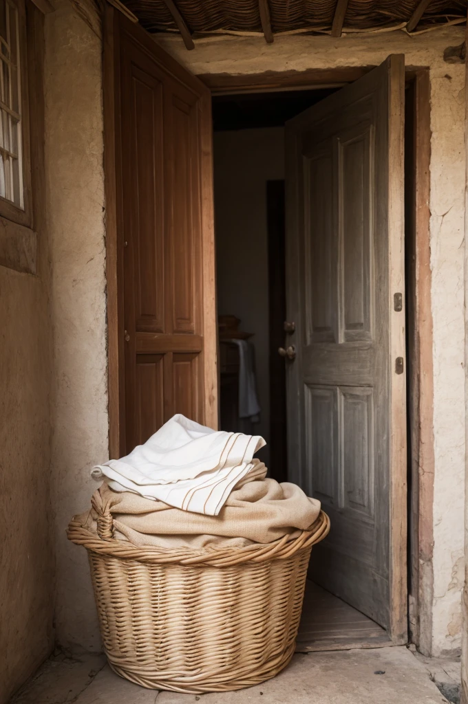 Straw basket with a cloth on top, in front of the door of an orphanage 