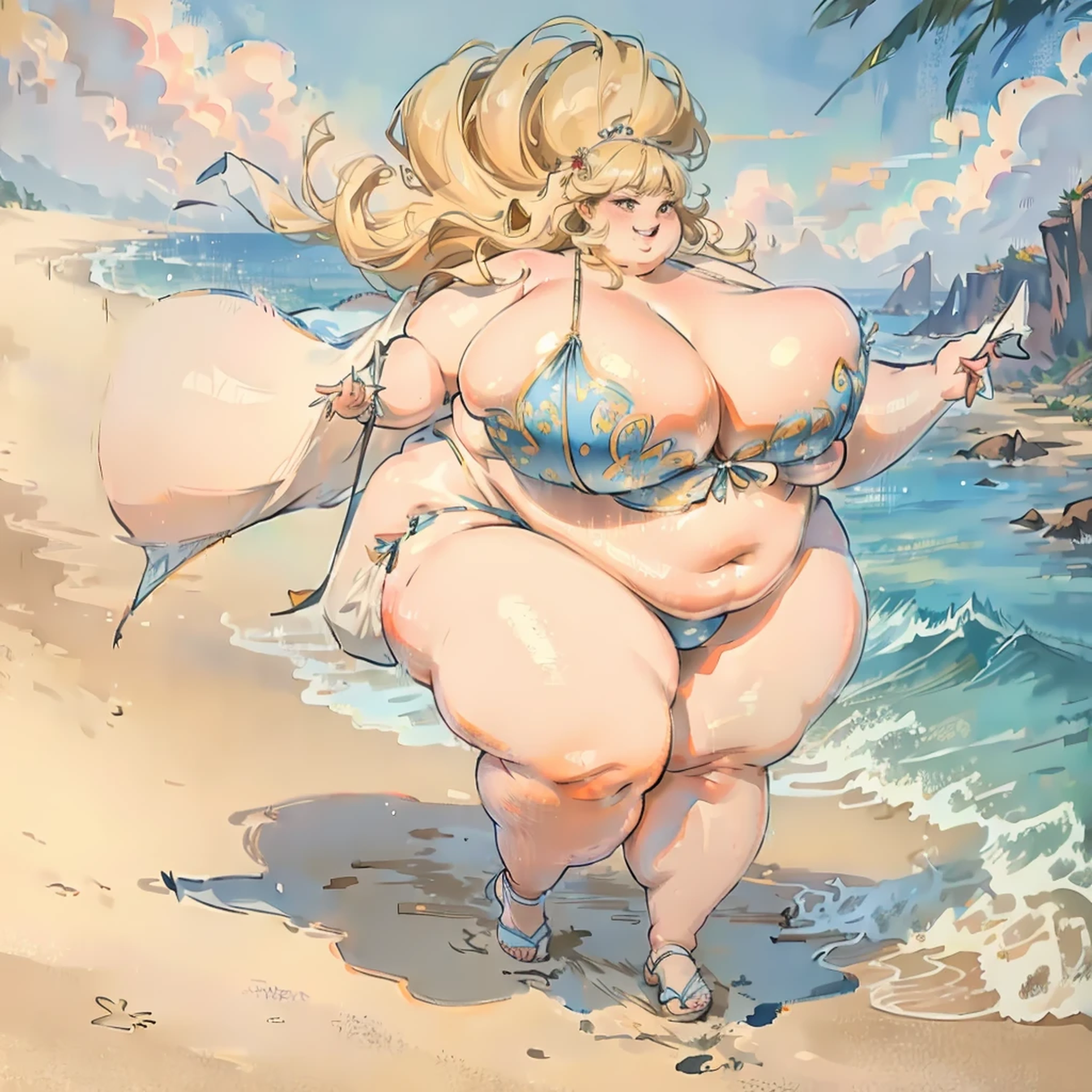 Rule_of_thirds, full_body_portrait, watercolors, No shoes,slingshot swimsuit,dancing，sexy SSBBW, (gigantic cleavage breasts:1.5) solo person, Solo,Professional toes，Blonde curls，Full body like, walking On the beach，grin face, beautiful feet, beautiful hands, milf belly, chubby milf, 