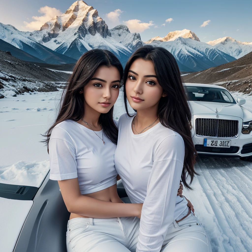 Create a 3D realistic image for a profile picture of a 23-year-old couple sit on river bank with hug each other on snow mountain nearby a rolls royes car near a beautiful mountain and lights. The boy is wearing a white shirt pant . And the girl is wearing a white t shirt and black Jeans . they are looking ahead on front camera . “Prince” and “Riyanshi” are written in large font on car. The beautiful mountain and girl face is hd quality
