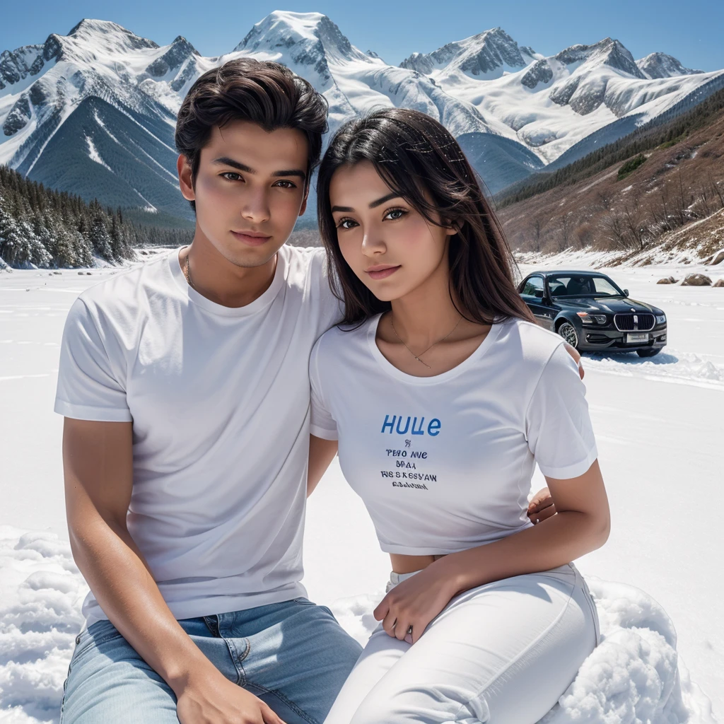 Create a 3D realistic image for a profile picture of a 23-year-old couple sit on river bank with hug each other on snow mountain nearby a rolls royes car near a beautiful mountain and lights. The boy is wearing a white shirt pant . And the girl is wearing a white t shirt and black Jeans . they are looking ahead on front camera . “Prince” and “Riyanshi” are written in large font on car. The beautiful mountain and girl face is hd quality