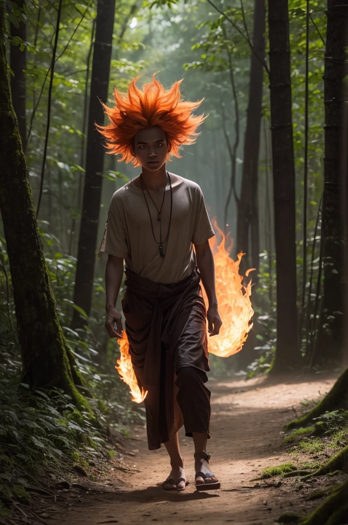 A terrifying Curupira with flaming hair, illuminating a dark forest. His eyes glow with fury as he silently walks among the trees, his backward-facing feet leaving confusing tracks. Shadows of wild animals lurk around, watching with gleaming eyes.