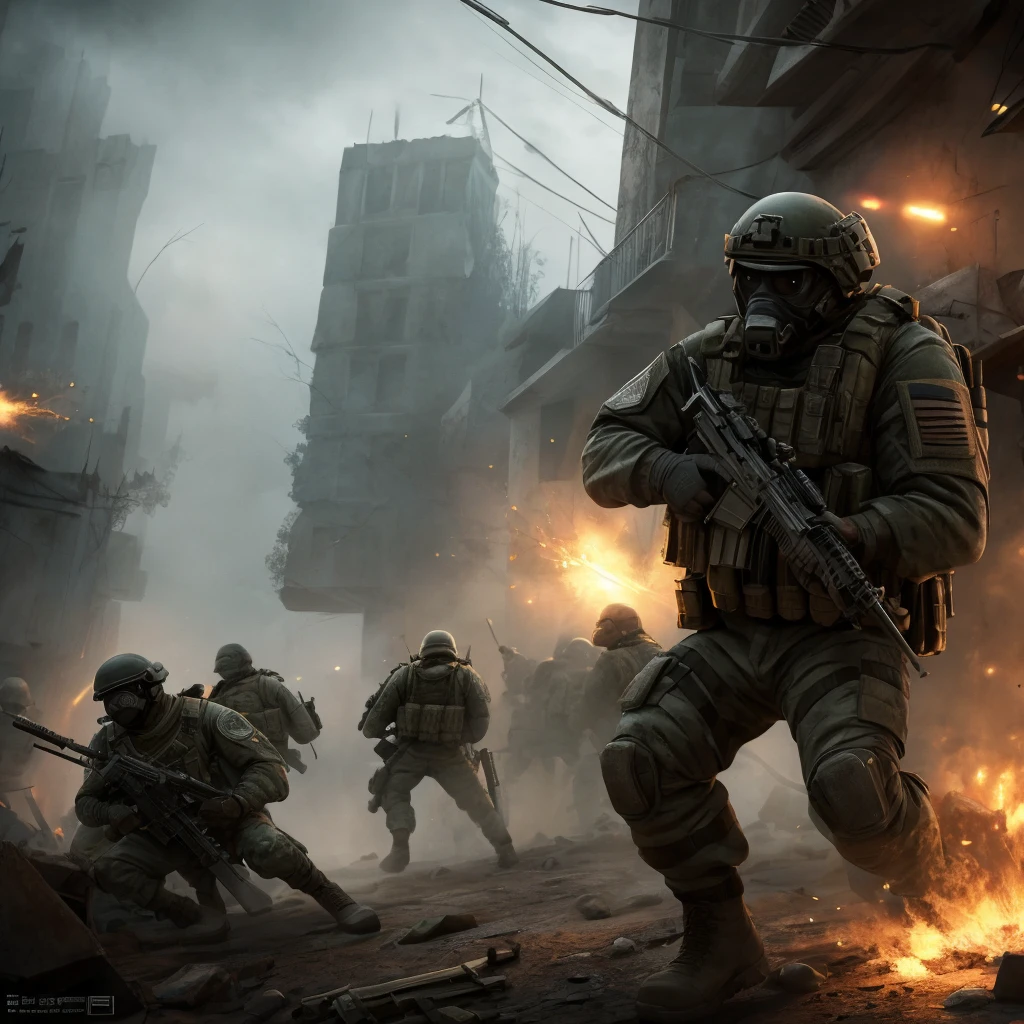 a highly detailed military tactical operation, a group of armed soldiers storming a rebel stronghold, capturing enemy combatants, dramatic action scene with intense combat, gritty realism, cinematic lighting, muzzle flashes, explosions, tactical gear and weapons, intense facial expressions, dynamic poses, dark moody color palette, volumetric fog, depth of field, cinematic camera angles, masterpiece, best quality, 8k, photorealistic, 3d render, concept art style