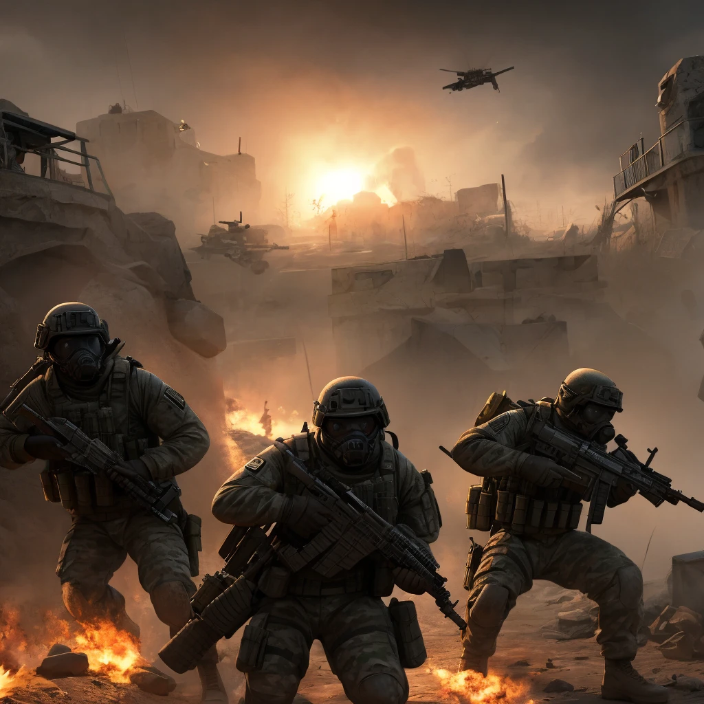 a highly detailed military tactical operation, a group of armed soldiers storming a rebel stronghold, capturing enemy combatants, dramatic action scene with intense combat, gritty realism, cinematic lighting, muzzle flashes, explosions, tactical gear and weapons, intense facial expressions, dynamic poses, dark moody color palette, volumetric fog, depth of field, cinematic camera angles, masterpiece, best quality, 8k, photorealistic, 3d render, concept art style