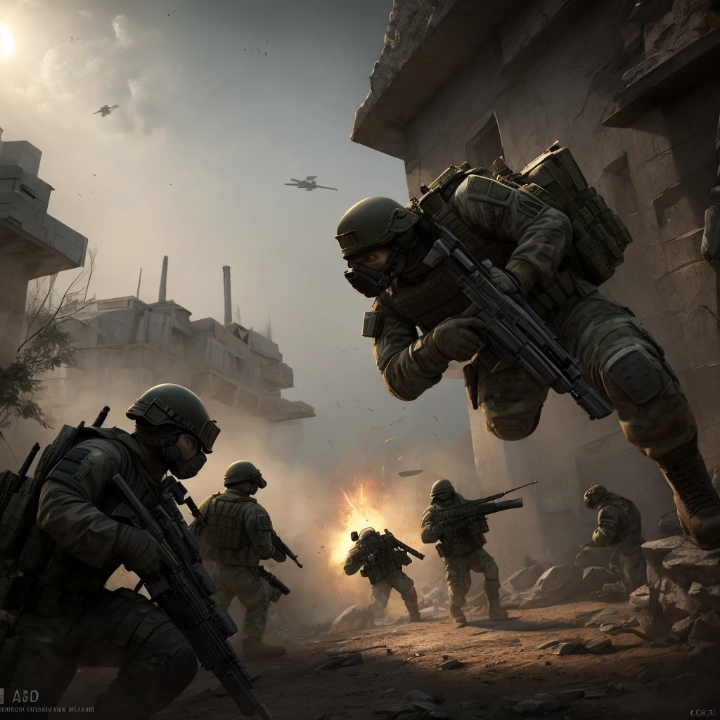 a highly detailed military tactical operation, a group of armed soldiers storming a rebel stronghold, capturing enemy combatants, dramatic action scene with intense combat, gritty realism, cinematic lighting, muzzle flashes, explosions, tactical gear and weapons, intense facial expressions, dynamic poses, dark moody color palette, volumetric fog, depth of field, cinematic camera angles, masterpiece, best quality, 8k, photorealistic, 3d render, concept art style