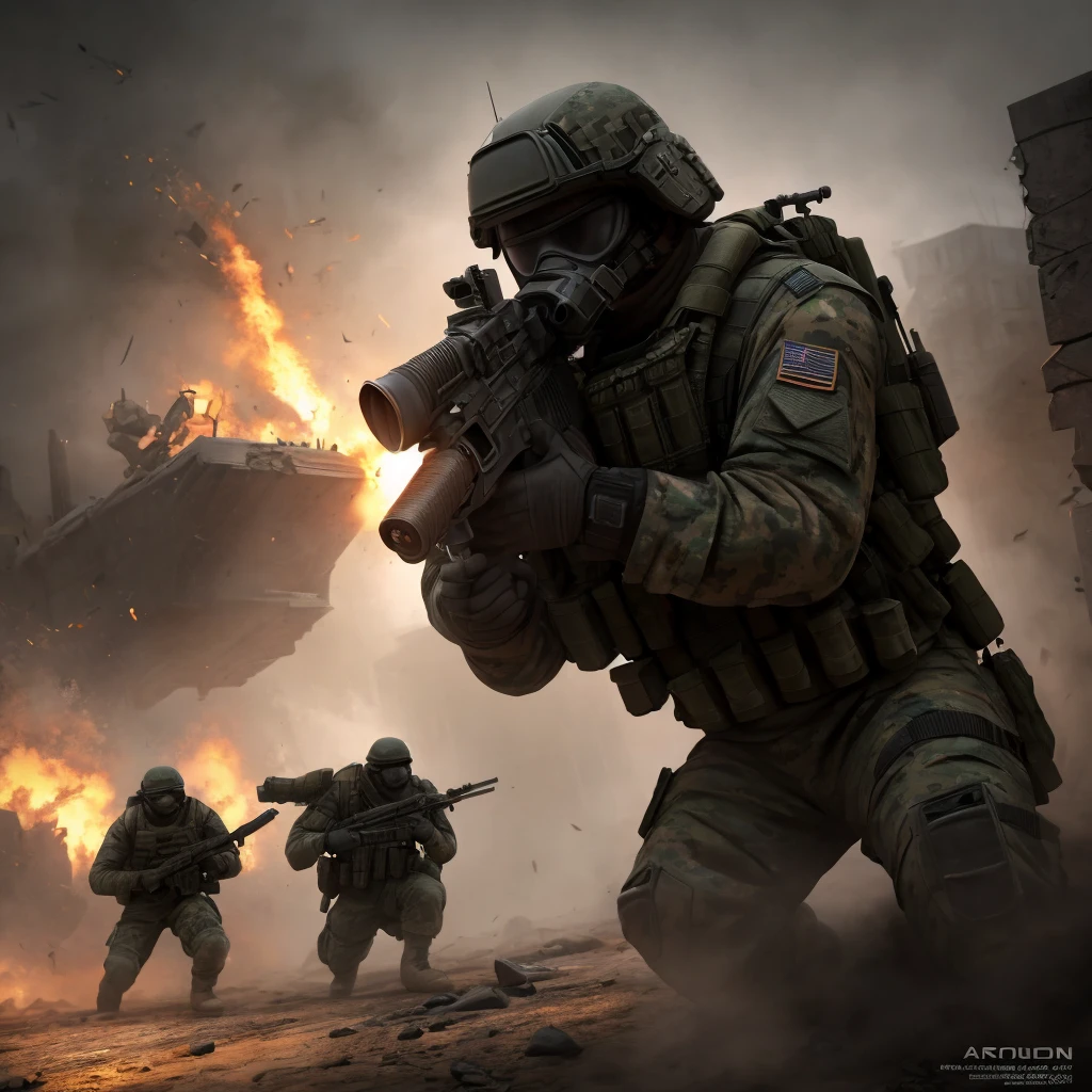 a highly detailed military tactical operation, a group of armed soldiers storming a rebel stronghold, capturing enemy combatants, dramatic action scene with intense combat, gritty realism, cinematic lighting, muzzle flashes, explosions, tactical gear and weapons, intense facial expressions, dynamic poses, dark moody color palette, volumetric fog, depth of field, cinematic camera angles, masterpiece, best quality, 8k, photorealistic, 3d render, concept art style