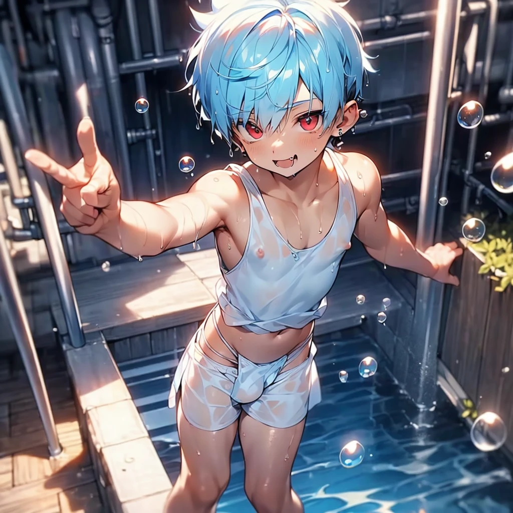 (solo:2), (boldline:-1.7), (peace sign:1.5), (arched back:1.2), ((bubble)), (spread legs:1.3), (standing:1.5), (((fang))), (((best finger))), BREAK (best quality:1.5), (absolutely resolution:1.5), (ultra detailed:1.5), (masterpiece:1.5), (perfect face), (detailed face), (detailed eyes), (best eyes), (cute face), (shota:2), BREAK (white tank top:1.5), BREAK (white loincloth:1.5), (see throgh wet clothes:1.5), (bulge:1.6), (skinny:1.3), (spiked hair), BREAK (light blue hair:1.5), (wine red eyes:1.4), (eyes with highlight:1.6), ((mole under eye)), (sweaty skin), (chuckling:1.5), ((earrings)), (shiny skin:1.3), BREAK (nature), (river), (forest), (sunlight), ((wind blowing)), ((nipple)), (abs), groin, water splashing,